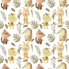 Watercolor seamless pattern with australian animals. Exotic wallpaper for fabric, wrapping paper,...
