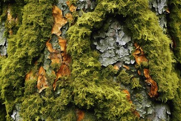 Bark of an old oak tree covered in patches of vivid moss and lichen - obrazy, fototapety, plakaty