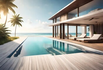 Luxurious beachfront resort swimming pool with tropical landscape. AI generated - obrazy, fototapety, plakaty