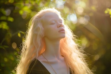 albino girl with long hair standing in a serene outdoor setting, with soft, diffused sunlight illuminating their skin and casting gentle shadows. Albinism Awareness day.