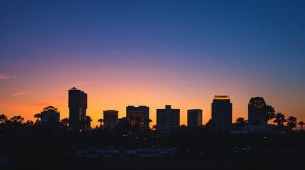 Fototapeta na wymiar A city skyline silhouette during the golden hour.