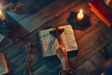 A woman believing in God holds a wooden cross on an open Bible sitting at a table in the night light