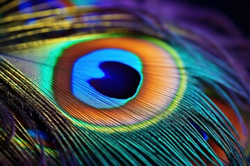 Naklejka premium Close-up of a peacock feather focusing on its eye, with blurred background