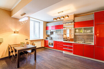 interior kitchen and dining room, refectory area, cooking equipment, table furniture, stove