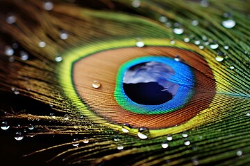 Fototapeta premium Close-up of a peacock feather showing its eye with raindrops on it