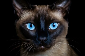 Close-up of a Siamese cat's blue almond-shaped eyes against a black background - obrazy, fototapety, plakaty