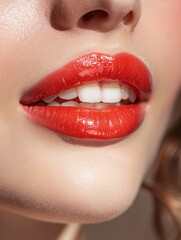 Fototapeta premium Close Up Of Womans Lips With Bright Red Lipstick