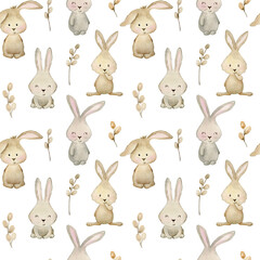 Watercolor cute seamless pattern with bunnies. Hand drawn illustration for fabric, wrapping paper, etc.