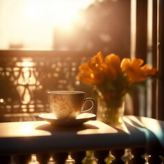 Cup with yellow flowers on the balcony at sunset.