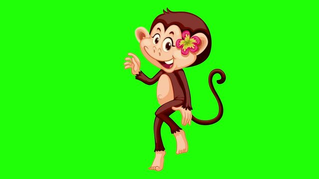 Dancing cheerfull cartoon monkey,  green screen animated video of Animal 2d