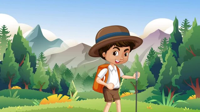 animation of little kids carrying backpack while exploring forest hiking mountain. Cartoon in 4k resolution
