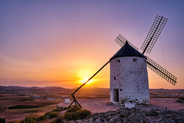 Group of ancient windmills in the town of Consuegra Spain , on the route of the Don Quixote and...