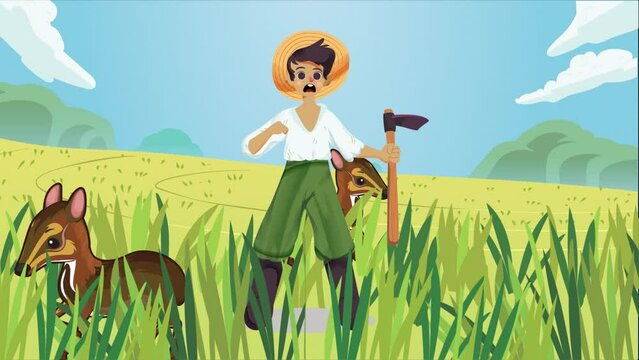 a farmer who was annoyed by the actions of a mouse deer who was stealing cucumbers, 2d animated illustrated 4k background