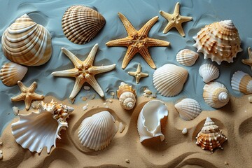 Fototapeta na wymiar beautiful starfish and seashells on sand beach