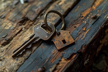 A key with a house shaped keyring on a rustic wooden surface.