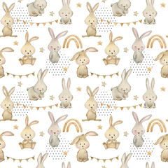 Watercolor cute seamless pattern with bunnies. Hand drawn illustration for fabric, wrapping paper, etc.