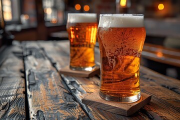 beers on wooden table - obrazy, fototapety, plakaty