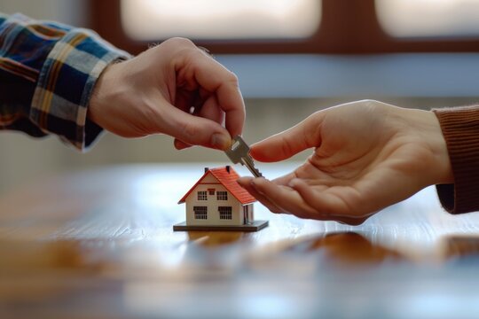 Hands exchanging a house key with a small model house on a table in the background.