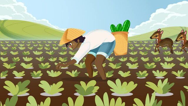 a farmer harvests cucumbers with a herd of mouse deer roaming around 2d animated illustrated 4k background