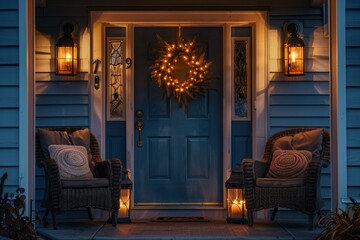 A cozy front porch decorated with warm lighting and comfortable seating.