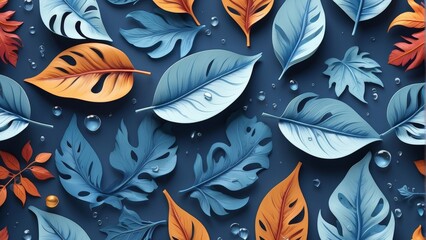 Seamless pattern with blue leaves and drops of water. illustration.