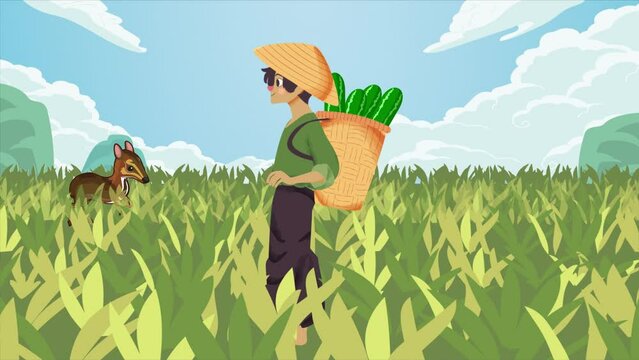 a farmer walks in the garden carrying a basket of cucumbers with a herd of mouse deer Cartoon in 4k resolution