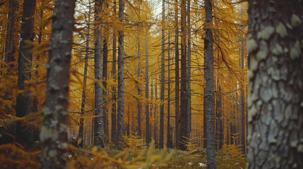 Old larch tree forest in autumn.