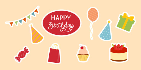Happy birthday stickers set. Birthday greeting party elements. Gift, cake, cupcake, balloon, candy, garland, birthday hat. Vector flat collection. Festive decoration bundle.