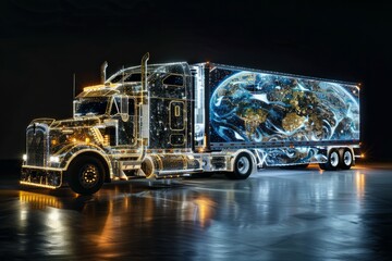 Conceptual image of a truck with a glowing earth graphic symbolizing global logistics.