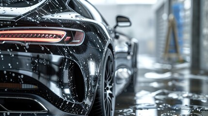 Luxury Black Sports Car During Professional Wash with Foam Bubbles Detailing