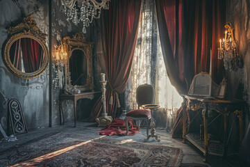 Enchanting Gothic boudoir adorned with velvet drapes, ornate mirrors, and delicate lace. - obrazy, fototapety, plakaty