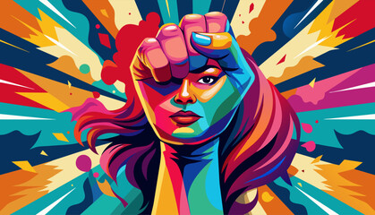 A raised fist composed of colorful brushstrokes, each stroke representing a unique woman happy women day