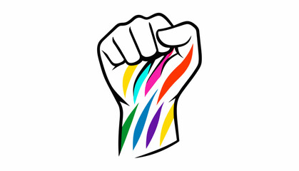 A raised fist composed of colorful brushstrokes, each stroke representing a unique woman happy women day