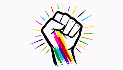 A raised fist composed of colorful brushstrokes, each stroke representing a unique woman happy women day