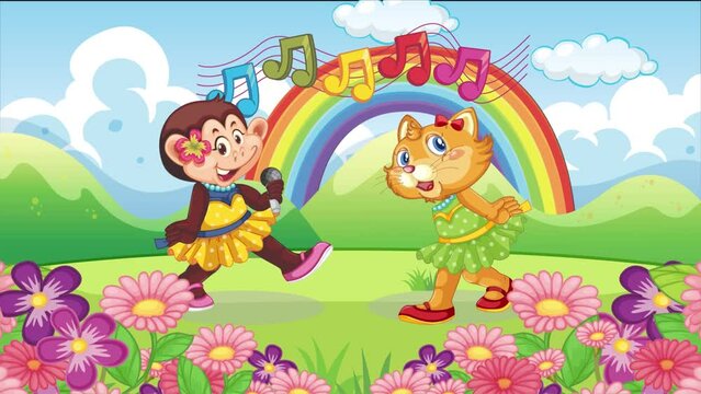 Animation of a funny little monkey and cats singing and dancing together on the park with a sunny rainbow background