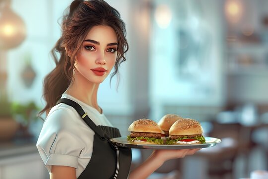 Illustration of beautiful young waitress holding tray with tasty burger and french fries