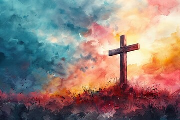 Cross of Jesus Christ on a colorful watercolor background. Illustration - obrazy, fototapety, plakaty