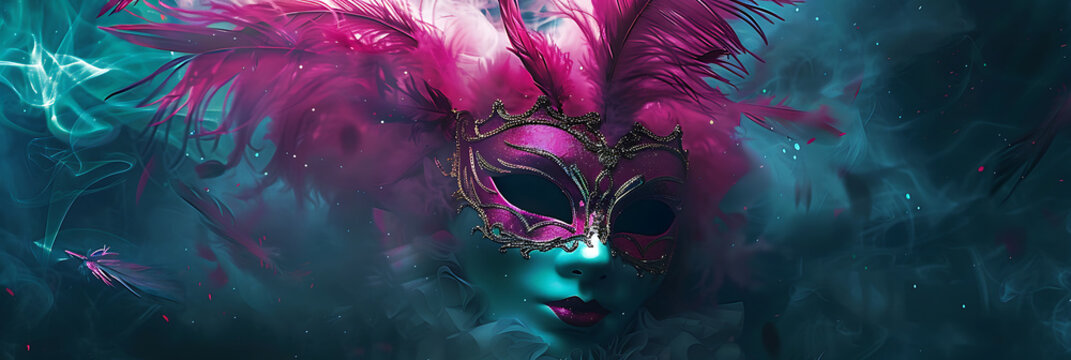mardi gras mask on dark background with plumage and f