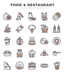 Vector icons set of Food and Restaurant. Two Color style Icons.