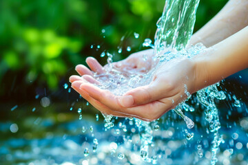 Fototapeta premium close-up capture of crystal clear water cascading onto open hands, the droplets glitter in the sunlight. conveys a sense of purity and the refreshing nature of clean water. reducing water consumption 