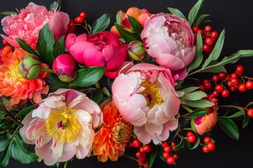 Vibrant bouquet of mixed flowers featuring peonies and berries on a dark background.