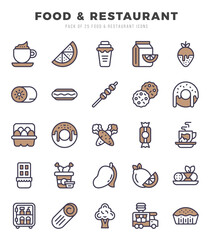 Fototapeta premium Set of simple Two Color Food and Restaurant Icons. Two Color art icons pack.