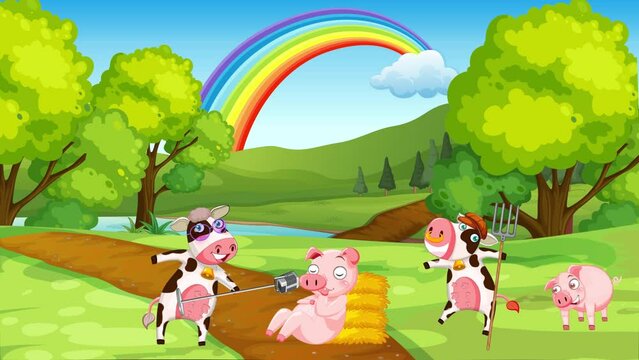 Animation of a group of animals, cows and pigs singing and dancing on the park with a sunny rainbow background