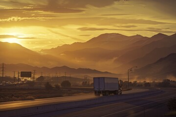 A semi truck driving on a highway at sunset with mountains in the background.