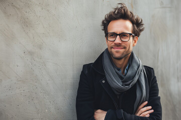 Confident Businessman in Casual Attire Posing with Arms Crossed Against Textured Background