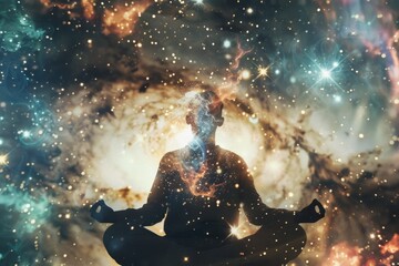 Obraz premium A figure in a meditative pose with a cosmic background, radiating energy and light.