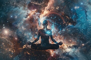Fototapeta premium A figure in a meditative pose with a cosmic background, radiating energy and light.