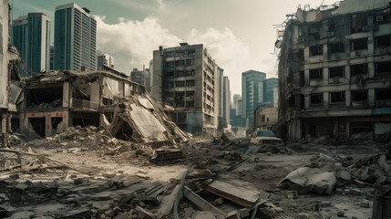  a scene of destruction and rubble in a modern city