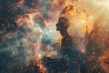 A figure in a meditative pose with a cosmic background, radiating energy and light. - obrazy, fototapety, plakaty