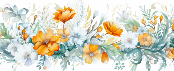 White and orange wildflowers. Hand-drawn watercolor illustration on a white background